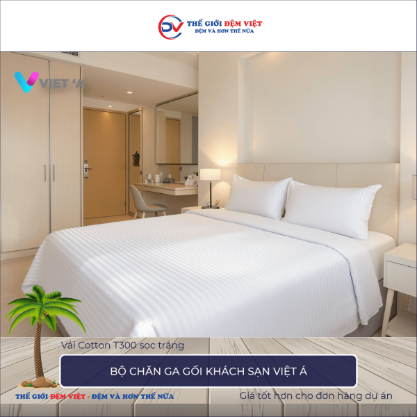 Bộ chăn ga gối khách sạn Việt Á Cotton T300 sọc trắng 8